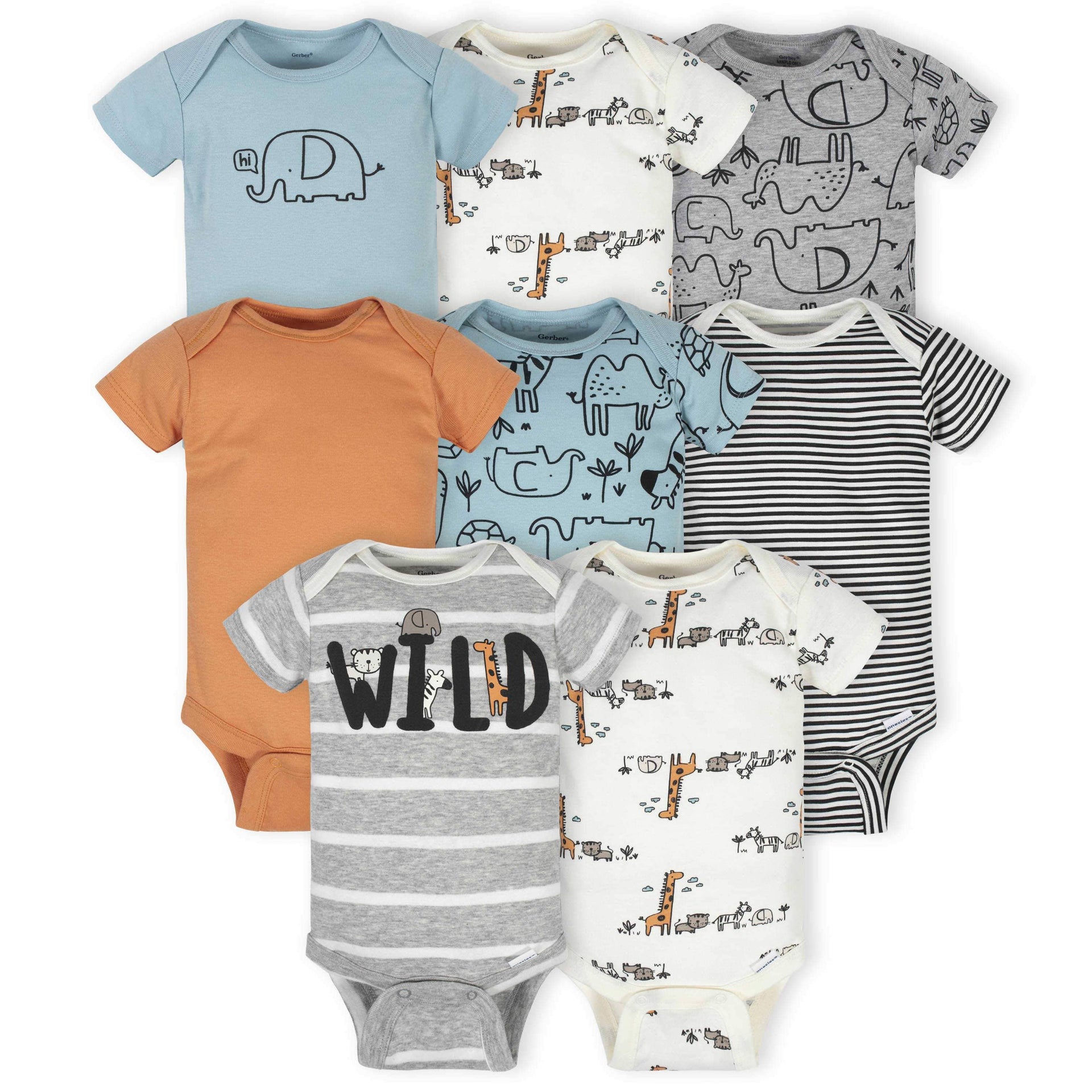 8 Pack Jungle Short Sleeve Onesies® Bodysuits