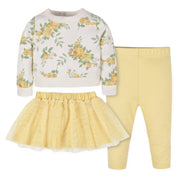 3-Piece Baby & Toddler Girls Golden Flowers French Terry Top, Tulle Tutu, & Legging Set