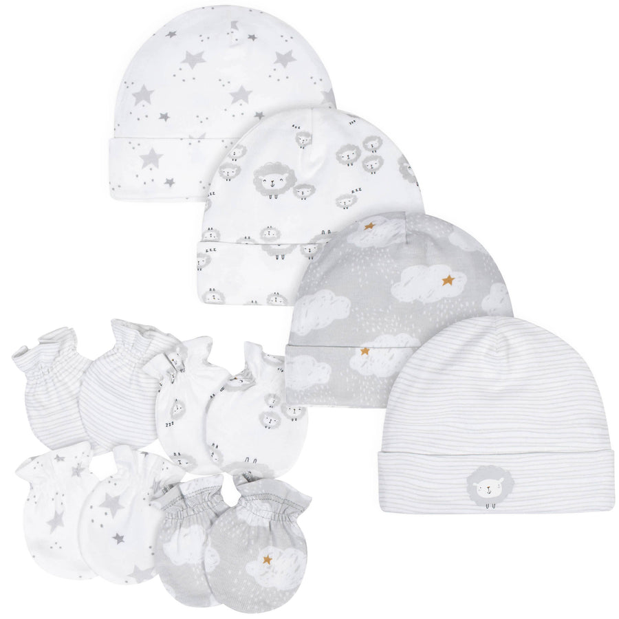 8-Piece Baby Neutral Sheep Caps & Mittens Set-Gerber Childrenswear