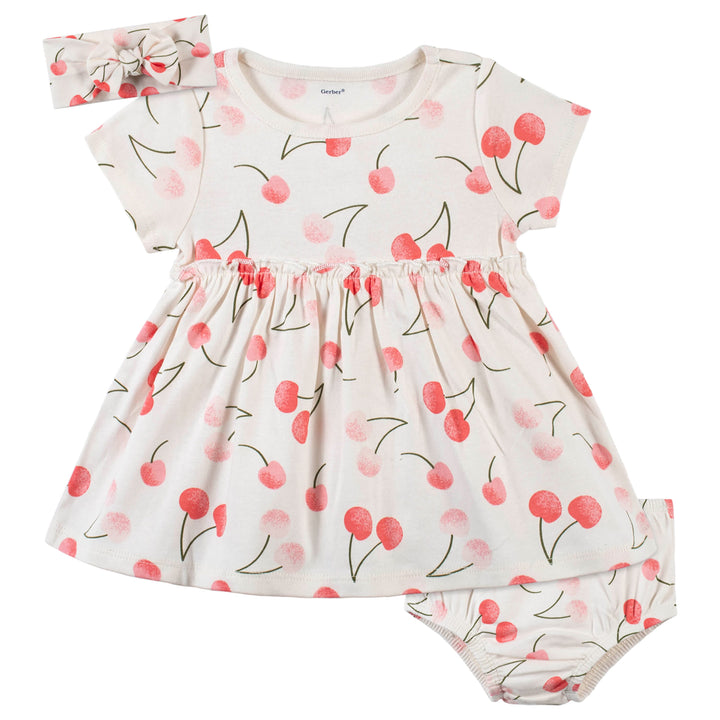 3-Piece Baby & Toddler Girls Cherry Kisses Dress, Diaper Cover & Headband Set-Gerber Childrenswear