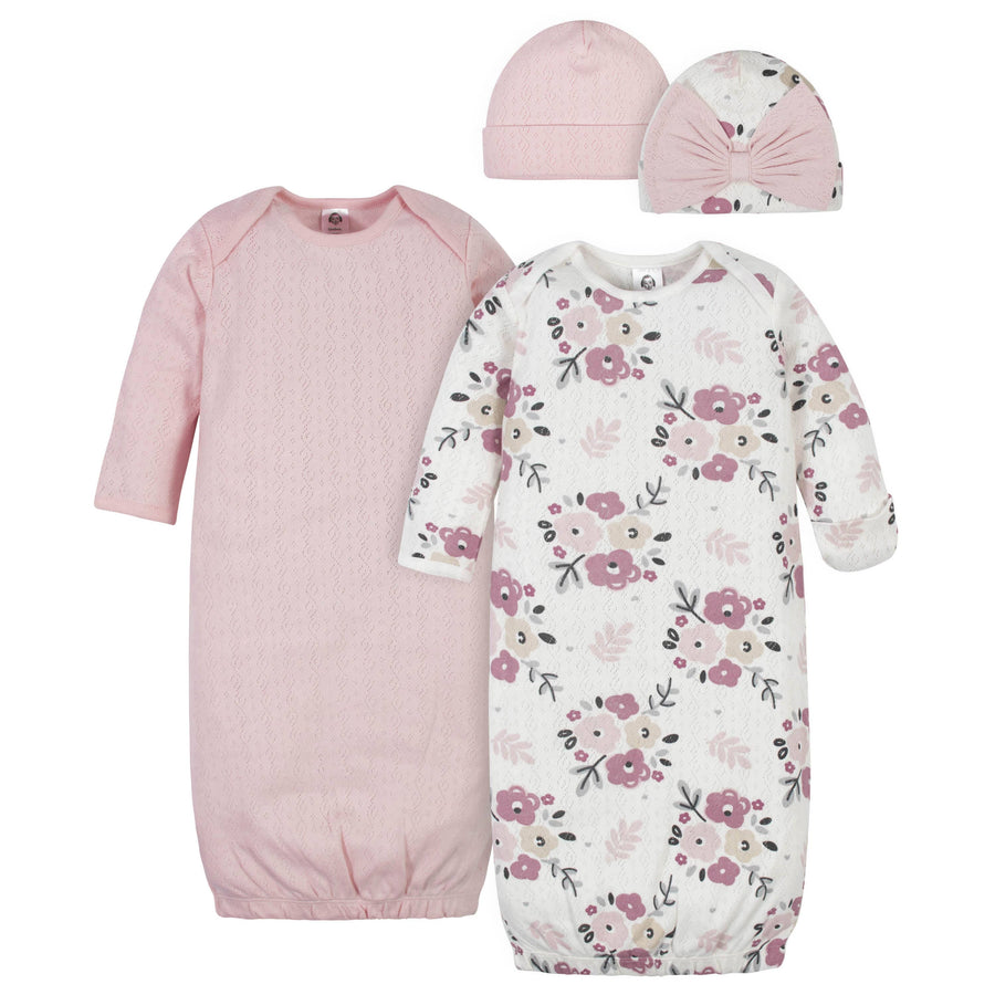 4-Piece Organic Baby Girls Floral Gowns & Caps-Gerber Childrenswear