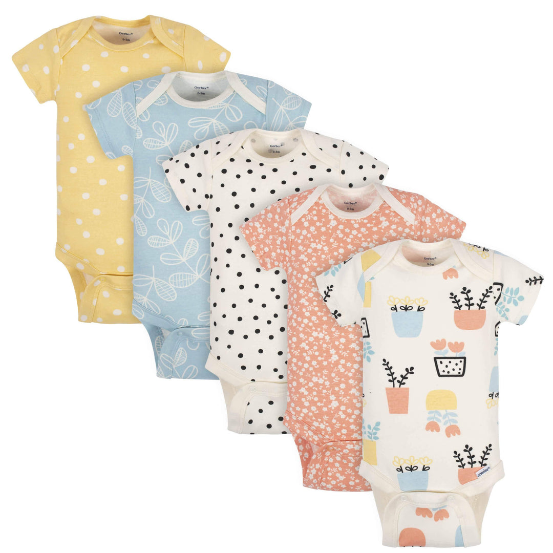 5-Pack Baby Girls Comfy Stretch Flower Pot Short Sleeve Onesies® Bodysuits-Gerber Childrenswear