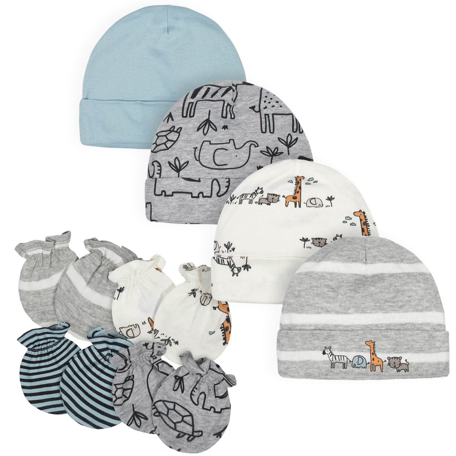 8-Piece Baby Boys Jungle Caps & Mittens Set-Gerber Childrenswear