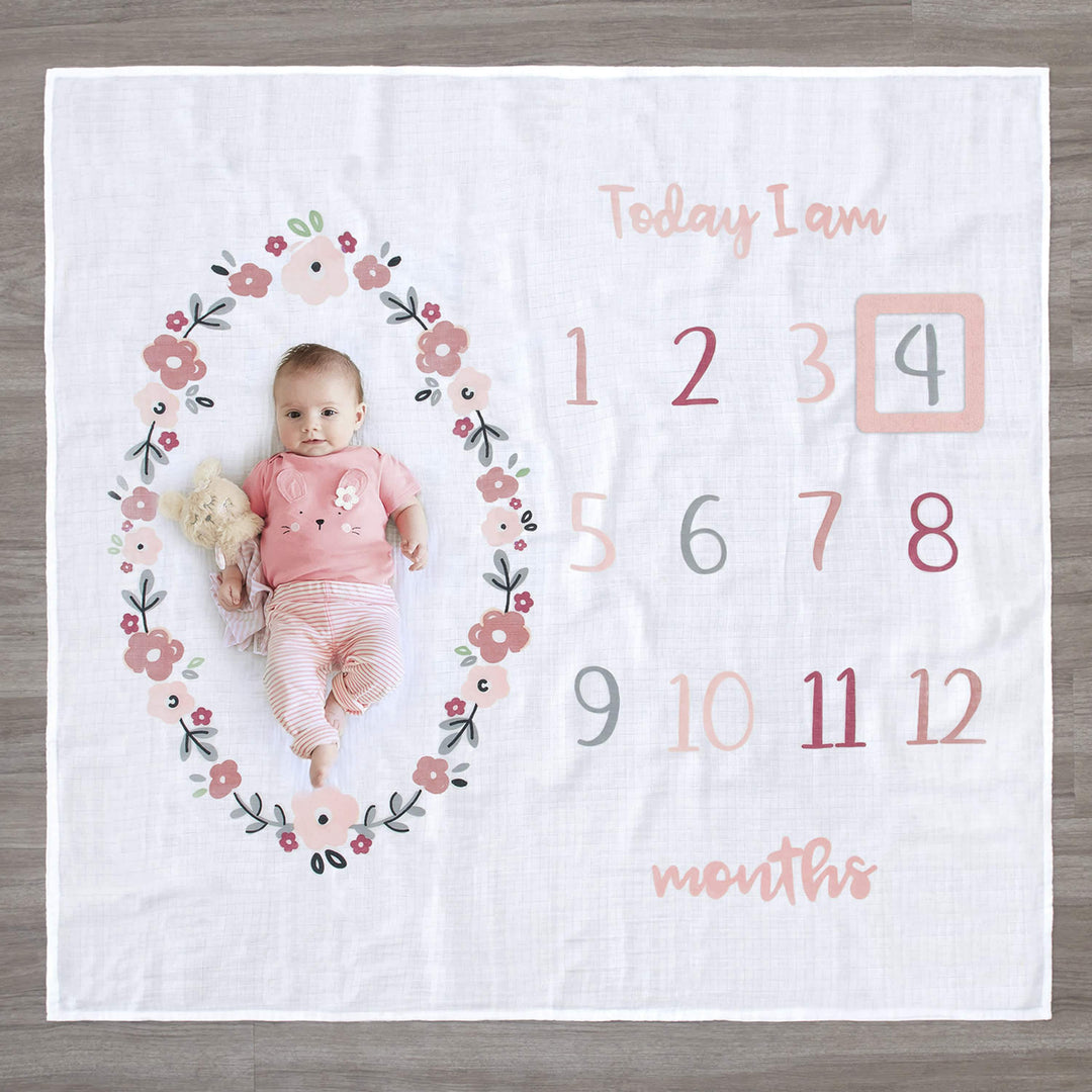 2-Piece Baby Girls Floral Milestone Blanket Set-Gerber Childrenswear