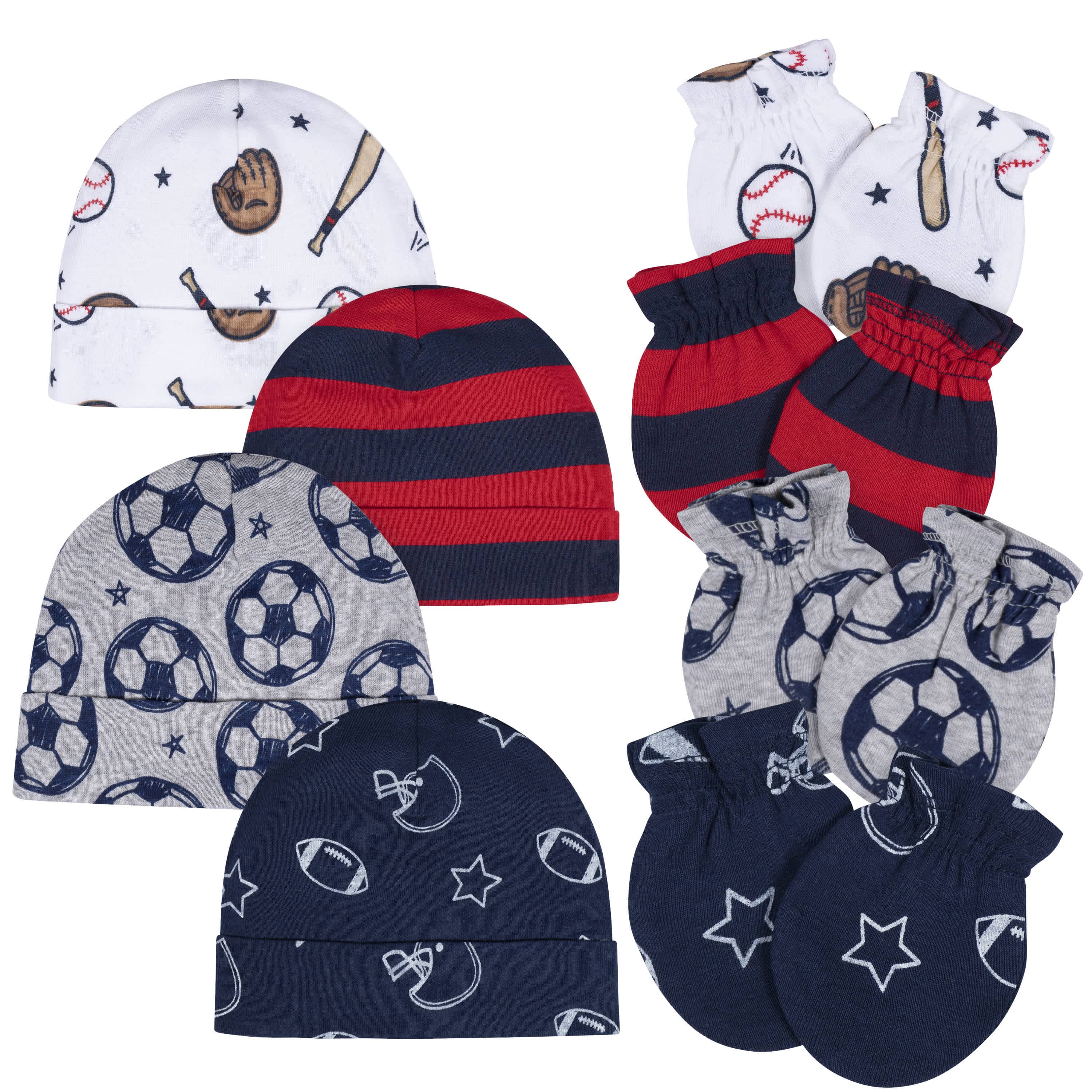 8-Piece Baby Boys Sports No Scratch Mittens & Caps Set