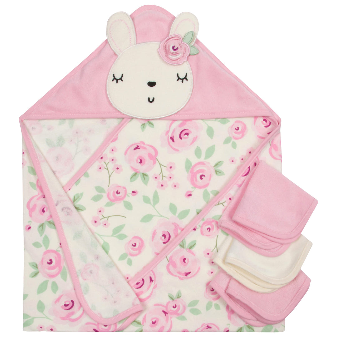 4-Piece Baby Girls Floral Hooded Towel & Washcloth Set