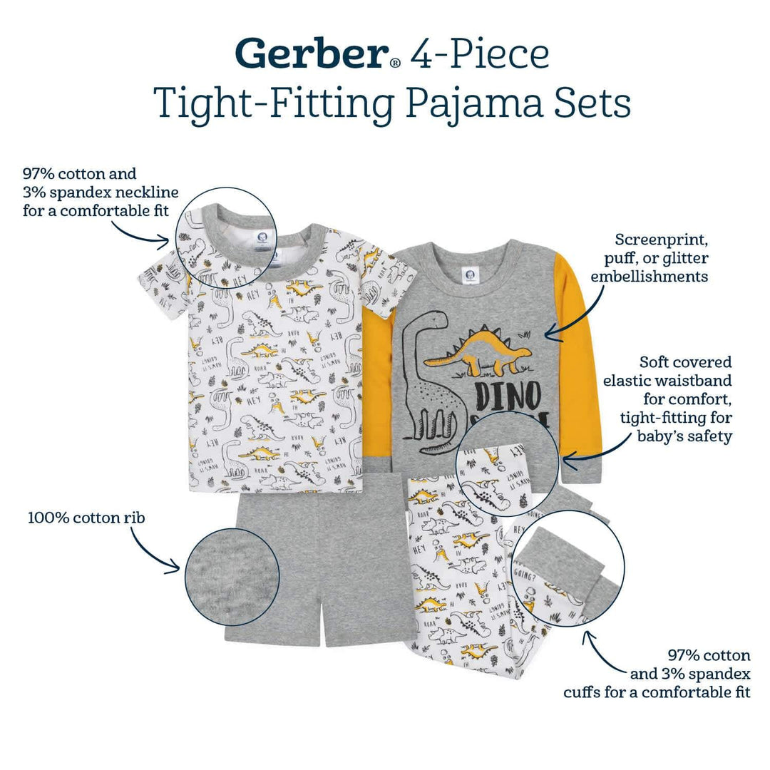 4-Piece Baby & Toddler Boys Dino Snug Fit Cotton Pajamas-Gerber Childrenswear