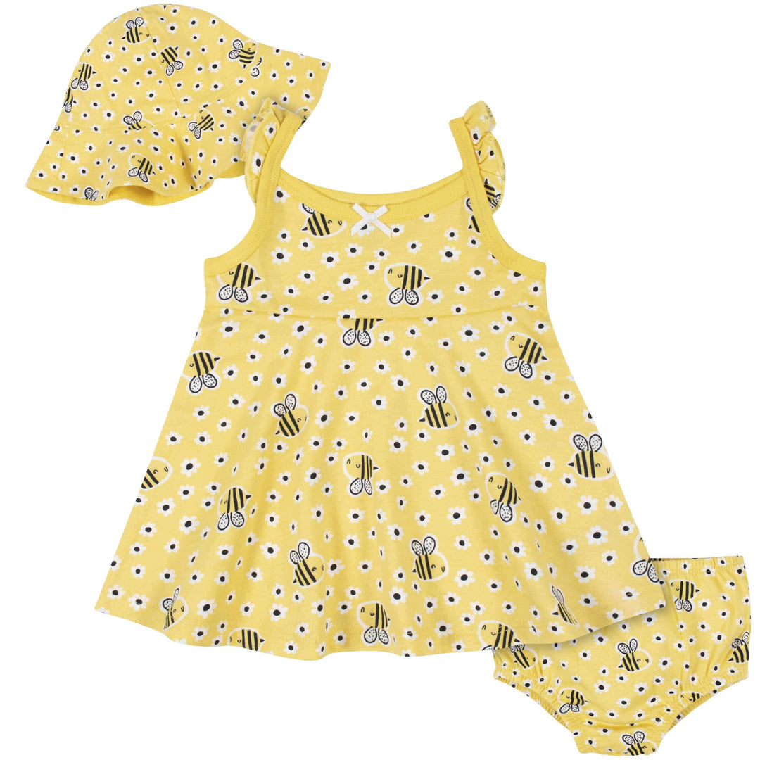3-Piece Baby Toddler Girls Bee Garden Dress, Diaper Cover Sun