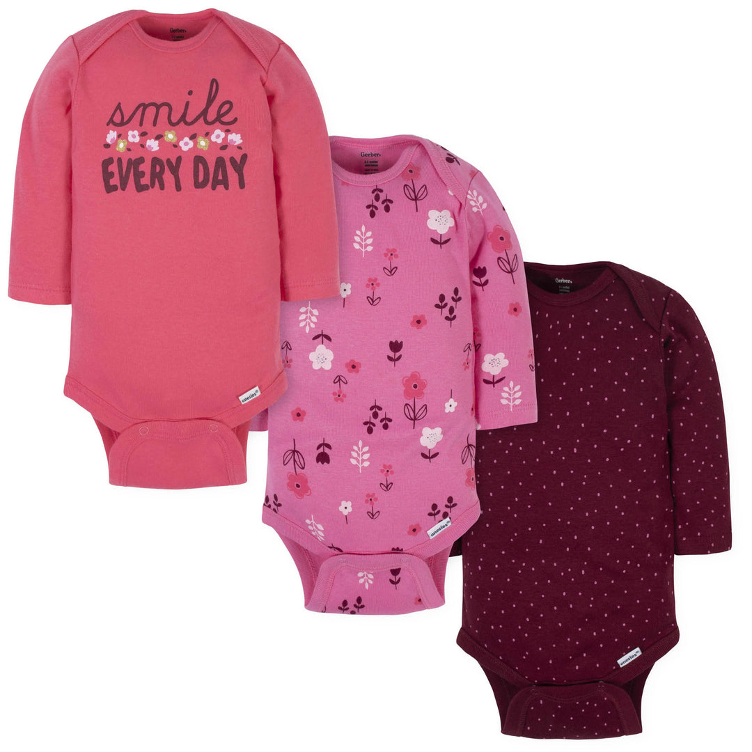 3-Pack Baby Girls Smile Everyday Long Sleeve Onesies® Bodysuits-Gerber Childrenswear