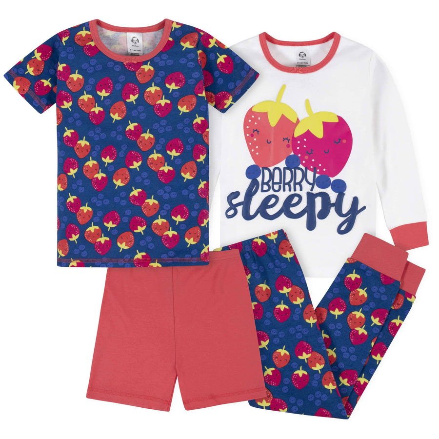 4-Piece Girls Berries Snug Fit Cotton Pajamas-Gerber Childrenswear