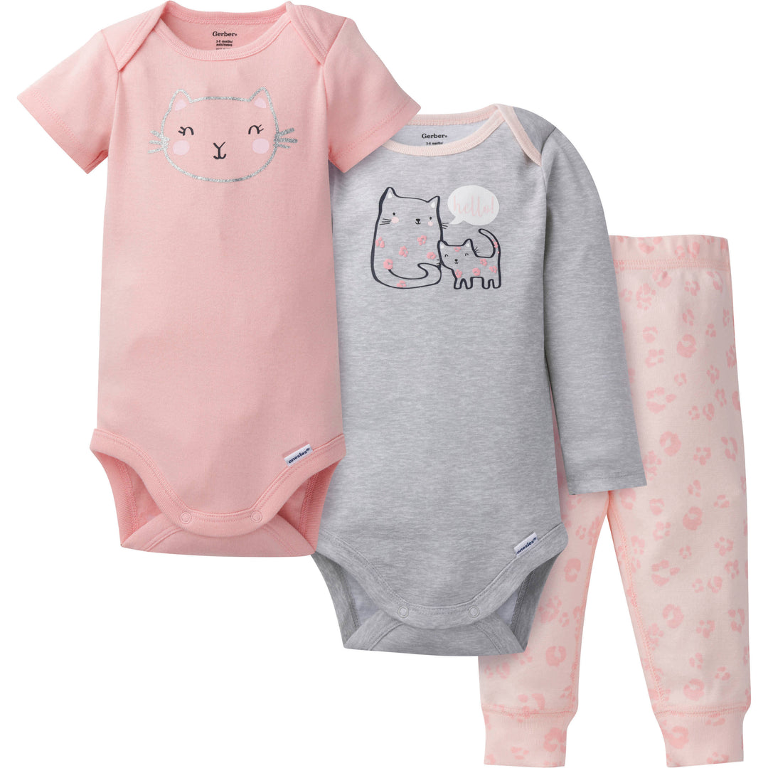 3-Piece Baby Girls Purrfectly Cute Onesies® Bodysuits & Pants Set-Gerber Childrenswear