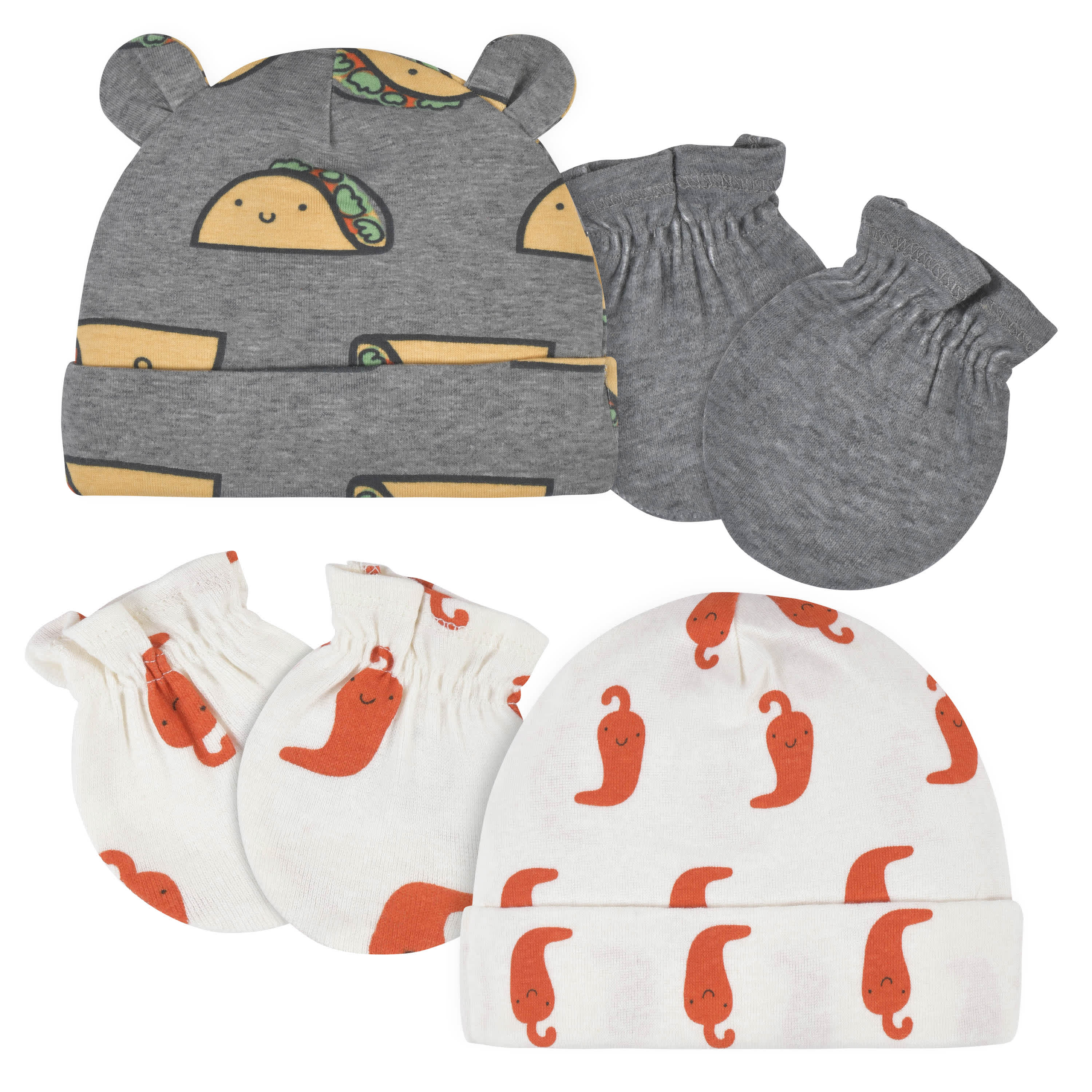 4-Piece Baby Neutral Comfy Stretch Taco Caps & No Scratch Mittens Set-Gerber Childrenswear
