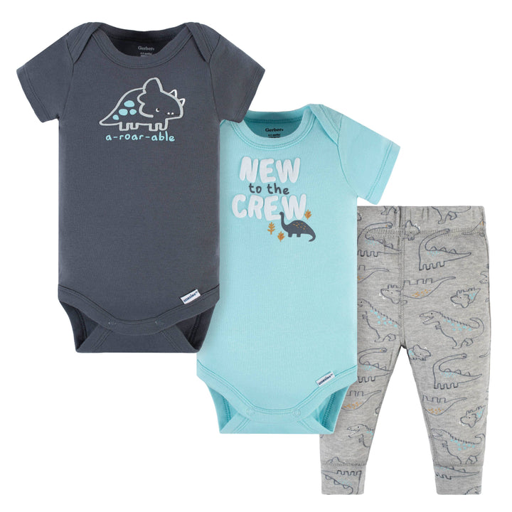 3-Piece Baby Boys Dino Blues Short Sleeve Onesies® Bodysuits & Pants Set-Gerber Childrenswear