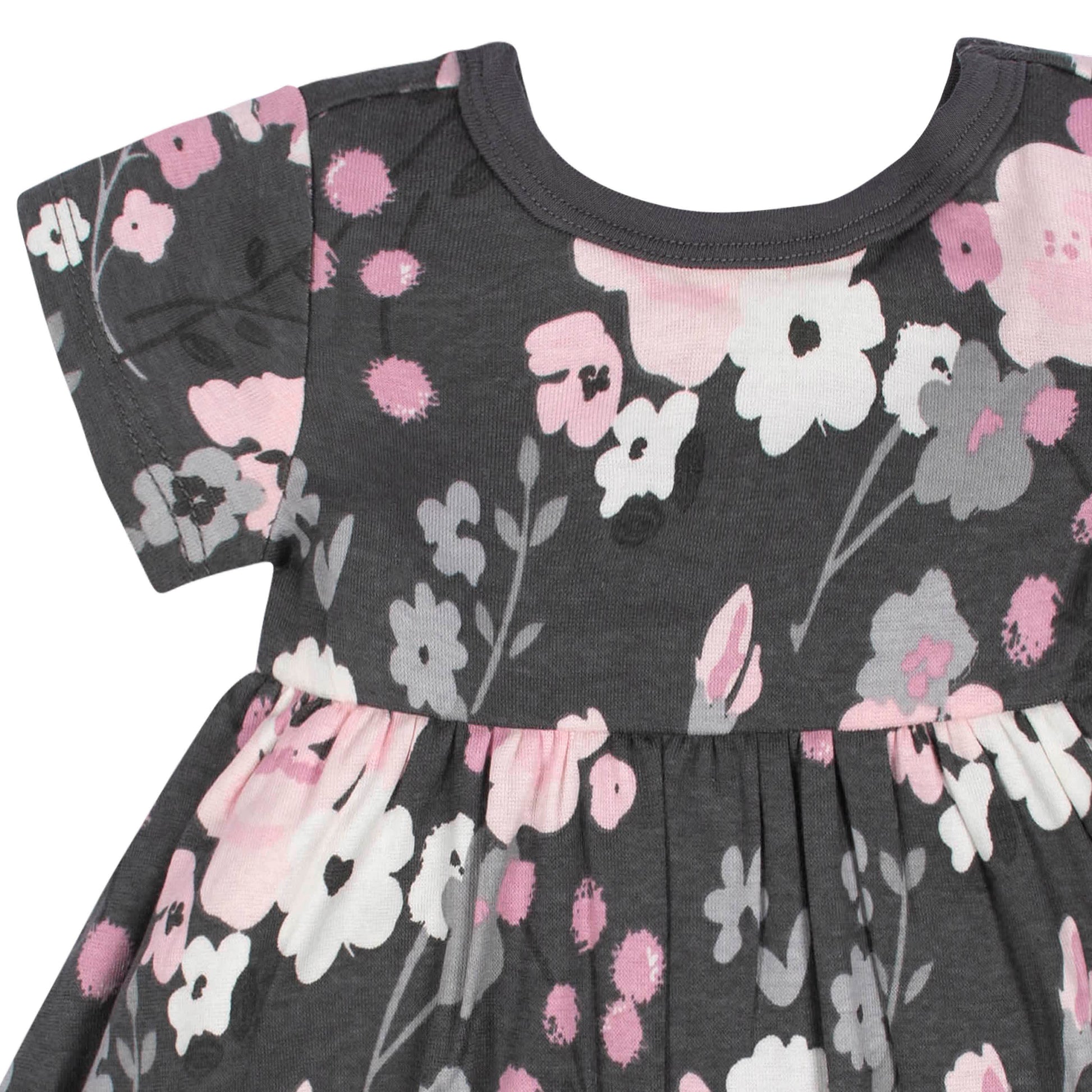 2-Pack Baby Girls Gray Floral Short Sleeve Dresses-Gerber Childrenswear