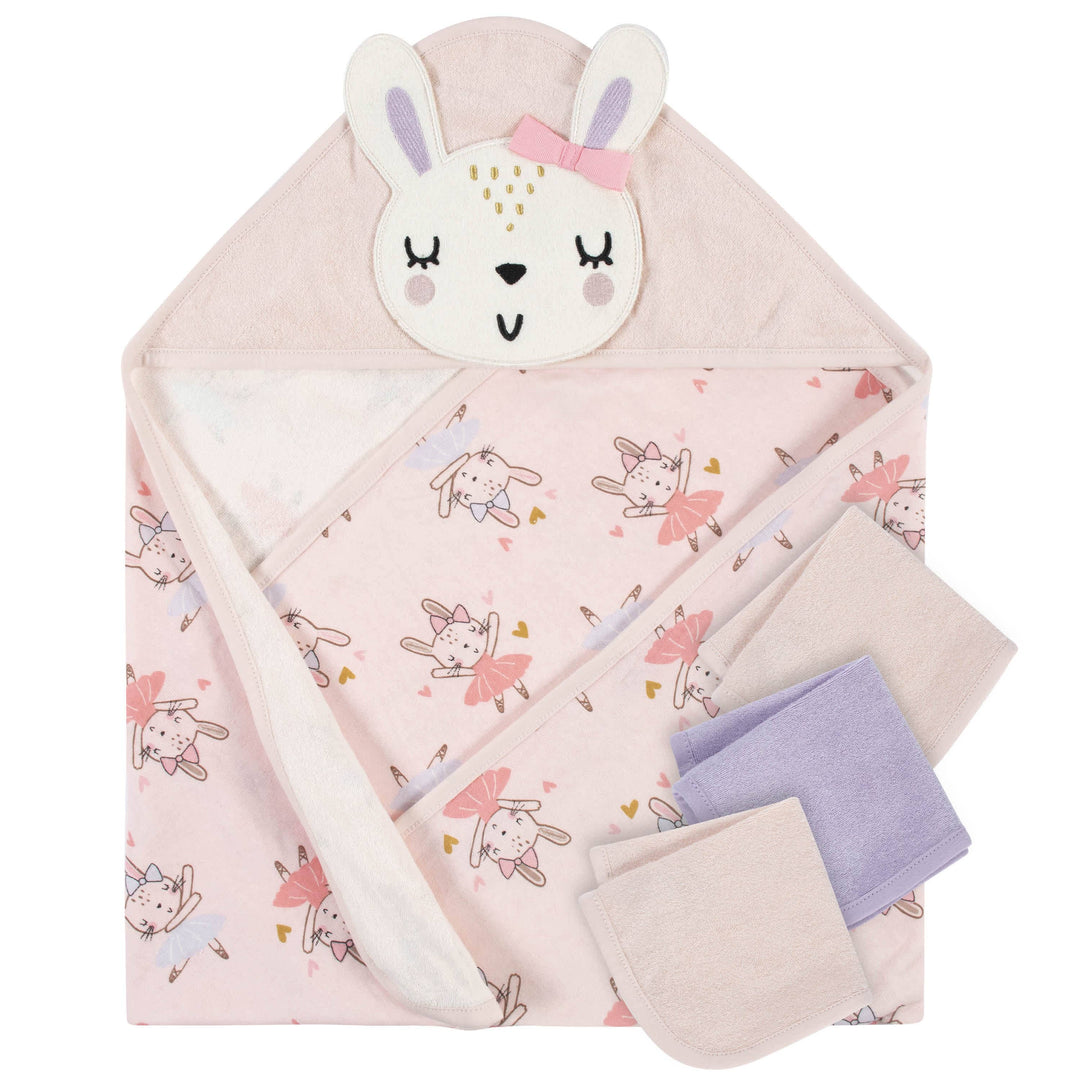 4-Piece Girls Bunny Ballerina Hooded Towel & Washcloth Set-Gerber Childrenswear