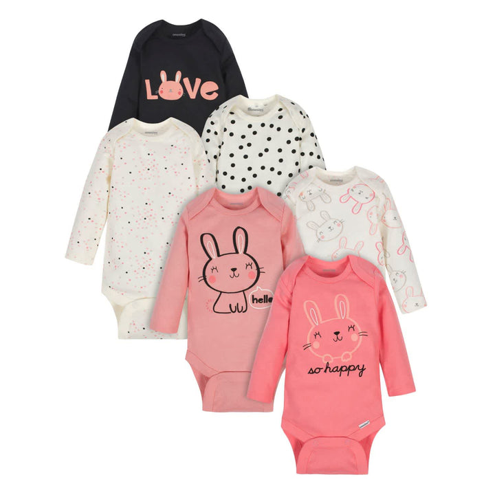 6-Pack Baby Girls Bunny Long Sleeve Onesies® Brand Bodysuits