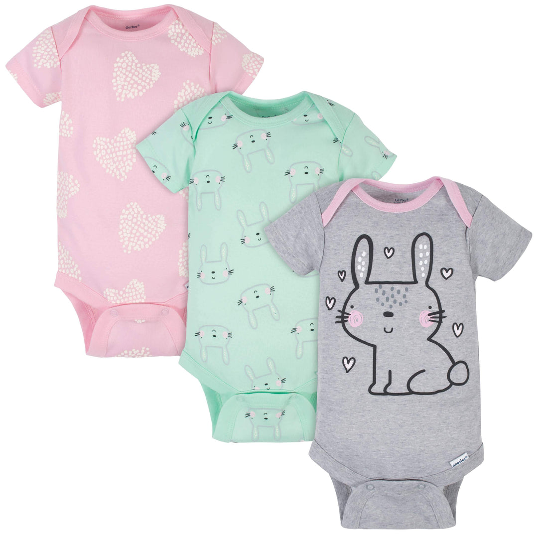 3-Pack Baby Girls Bunny Short Sleeve Onesies® Bodysuits-Gerber Childrenswear