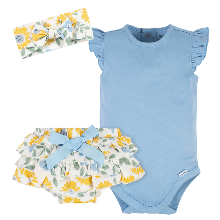 3-Piece Baby Girls Sunny Garden Onesies® Bodysuit, Diaper Cover & Headband Set-Gerber Childrenswear