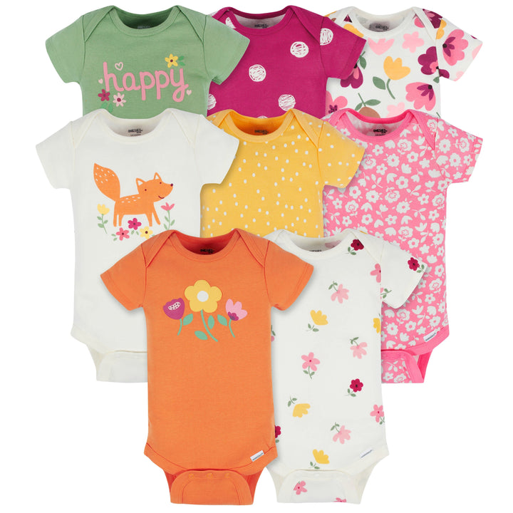 8-Pack Baby Girls Floral Fox Short Sleeve Onesies® Bodysuits