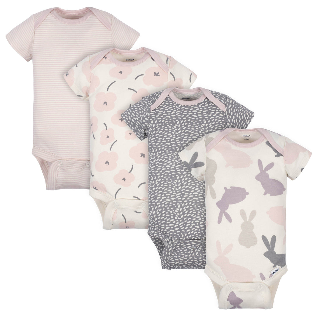 4-Pack Baby Girls Bunny Short Sleeve Onesies® Bodysuits-Gerber Childrenswear