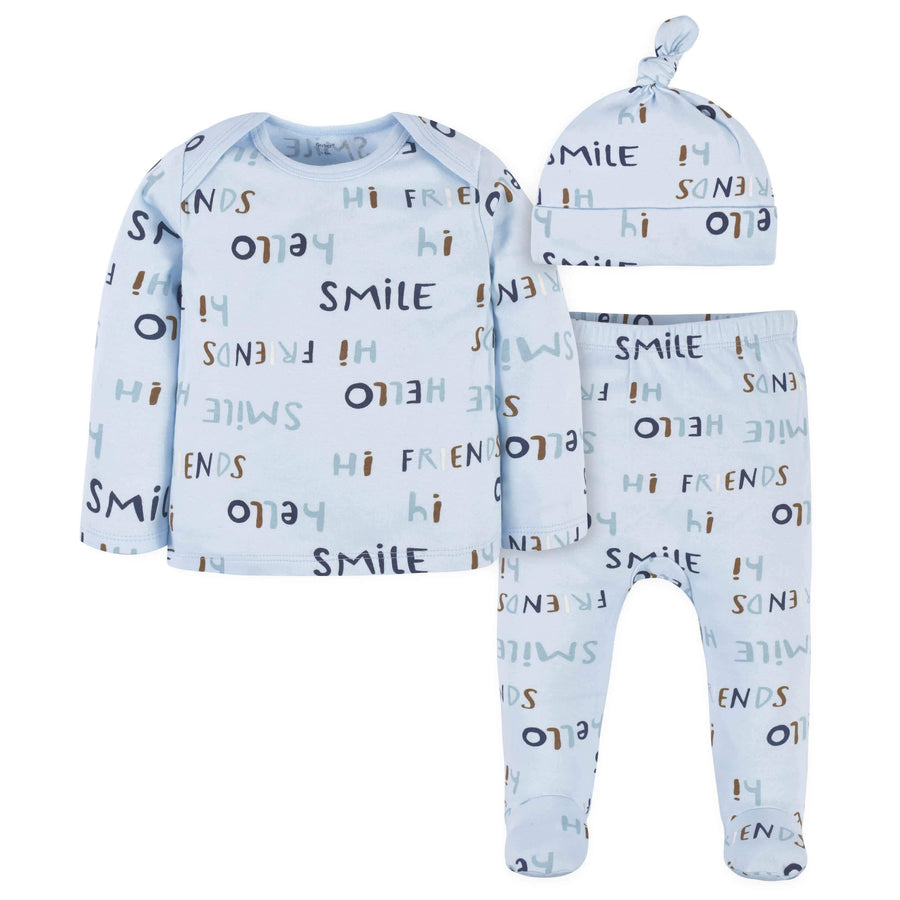 3-Piece Baby Boys Comfy Stretch "Smile" Long Sleeve Shirt, Footed Pant, & Cap Set-Gerber Childrenswear