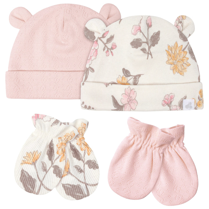 4-Piece Baby Girls Dusty Pink & Floral Caps & Mittens Set