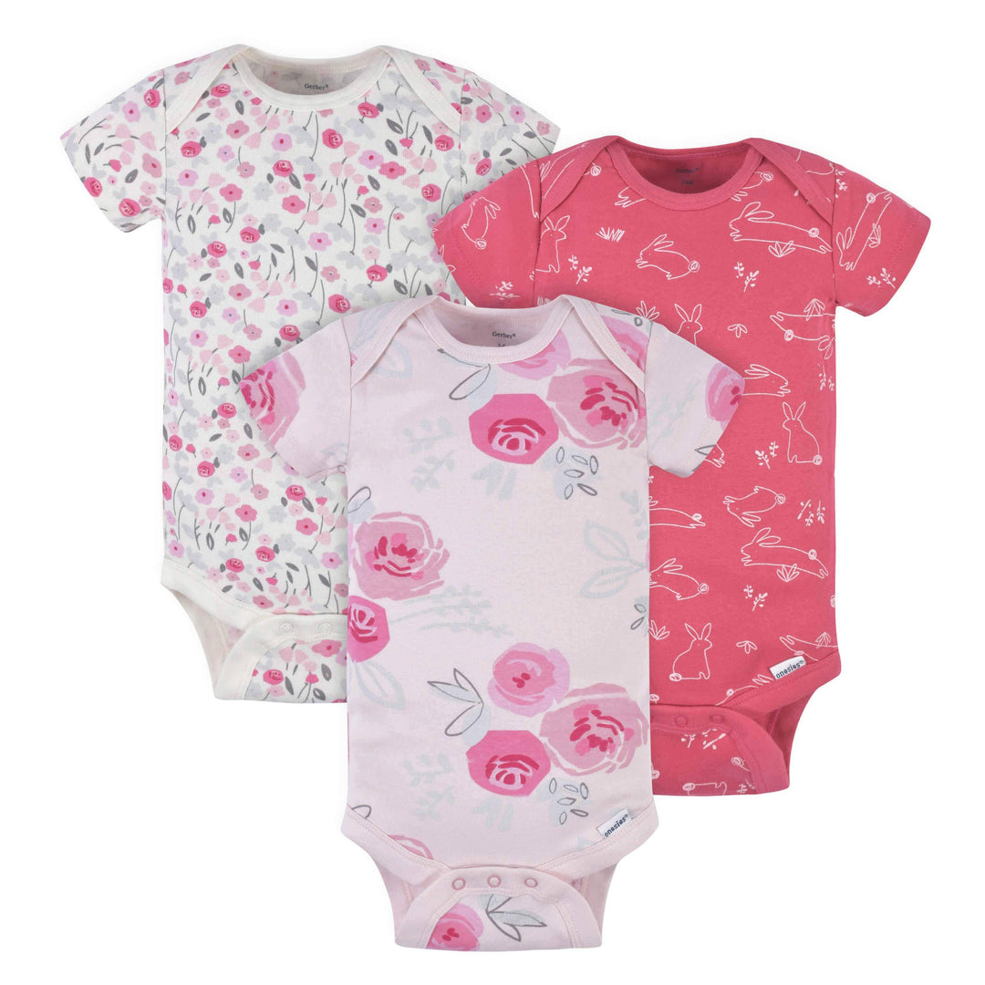 3-Pack Baby Girls Comfy Stretch Roses & Bunnies Short Sleeve Onesies® Bodysuits-Gerber Childrenswear