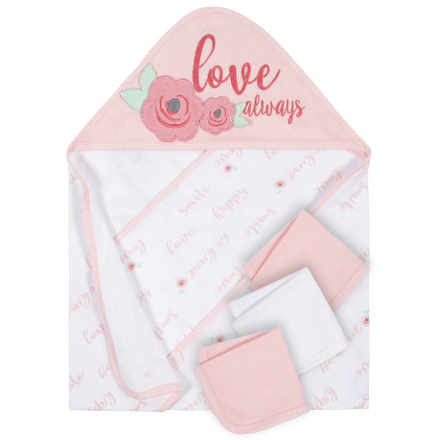 4-Piece Baby Girls Love You Organic Hooded Towel & Washcloths Set