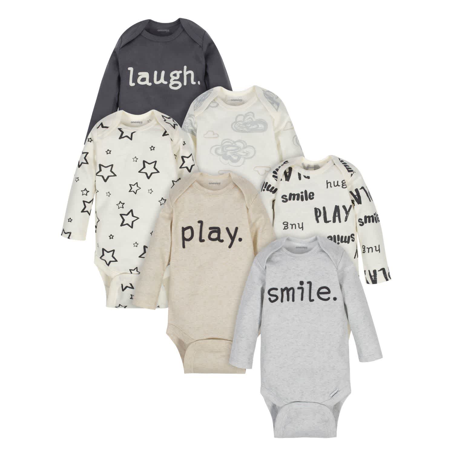 6 Pack Words Long Sleeve Onesies® Bodysuits