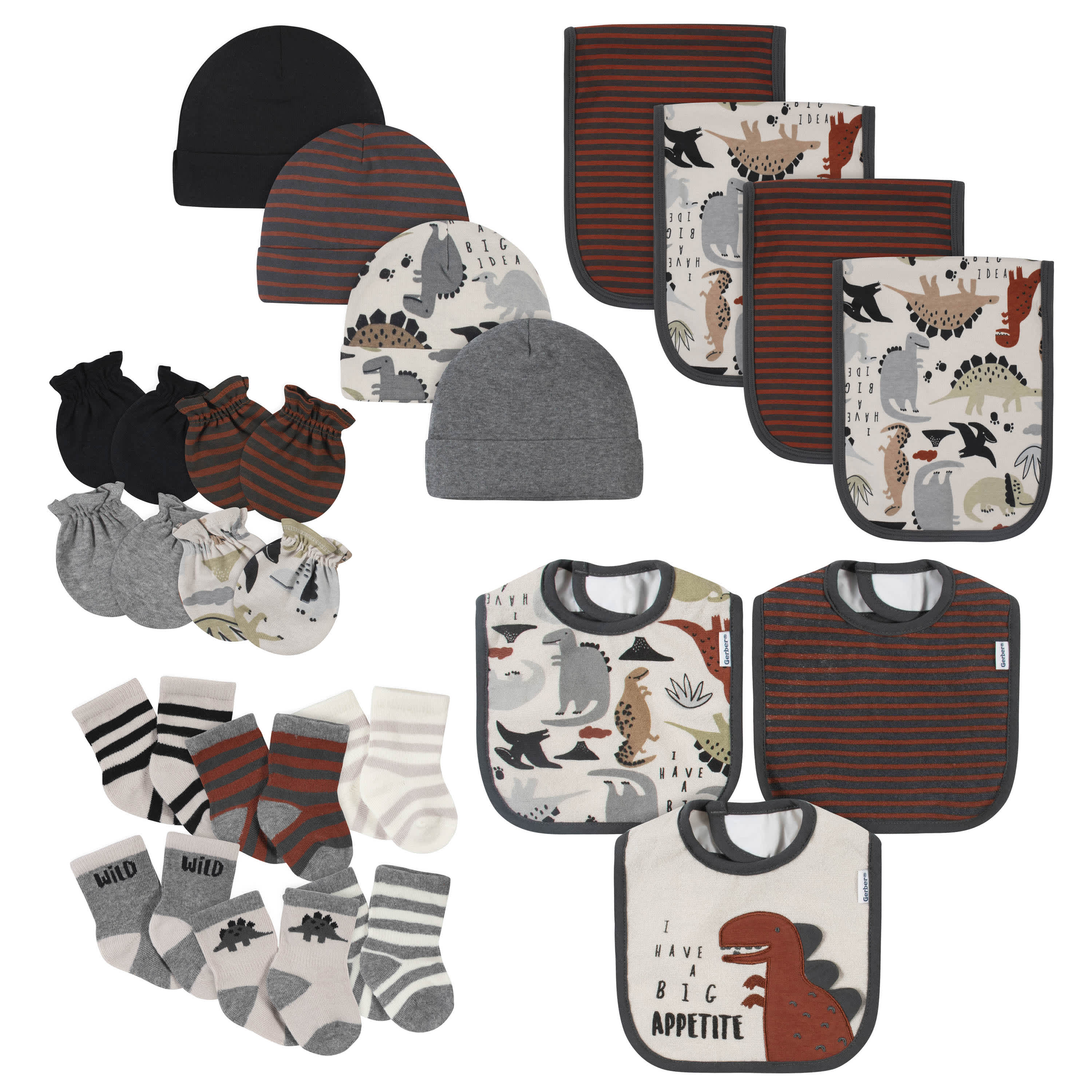 21-Piece Baby Boys Dino Terry Bib, Burpcloth, Mittens, Cap and Bootie Sock Set-Gerber Childrenswear