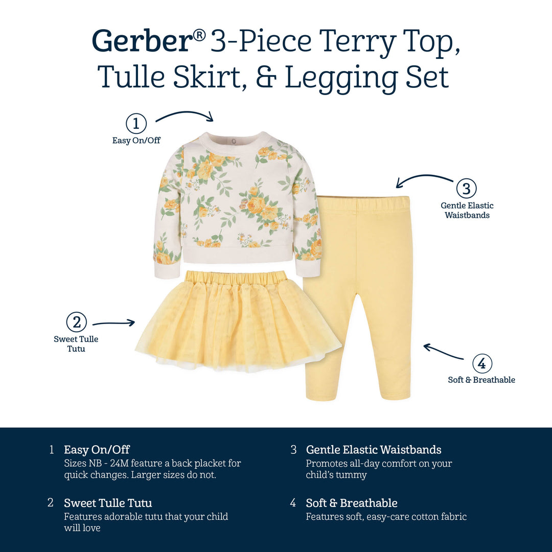 3-Piece Baby & Toddler Girls Golden Flowers French Terry Top, Tulle Tutu, & Legging Set