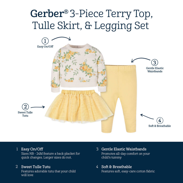 3-Piece Baby & Toddler Girls Golden Flowers French Terry Top, Tulle Tutu, & Legging Set