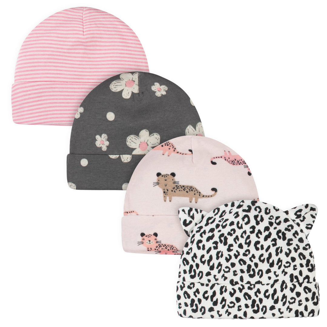 4-Pack Baby Girls Leopard Caps-Gerber Childrenswear