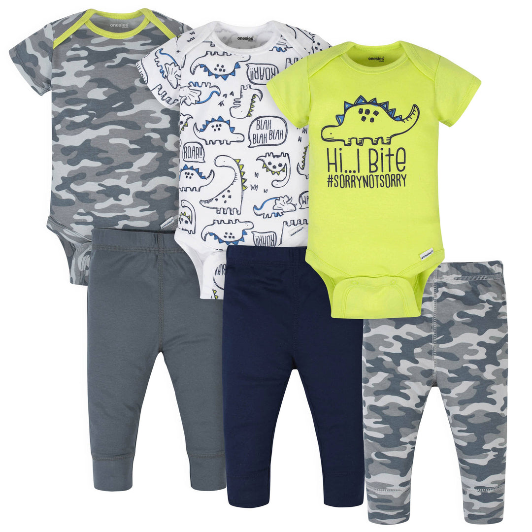 6-Piece Baby Boys Dino Onesies® Brand Bodysuits & Pants Set-Gerber Childrenswear