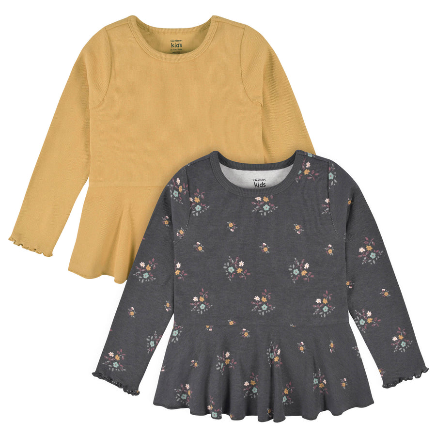 2-Pack Infant & Toddler Girls Mustard & Plum Floral Peplum Tops