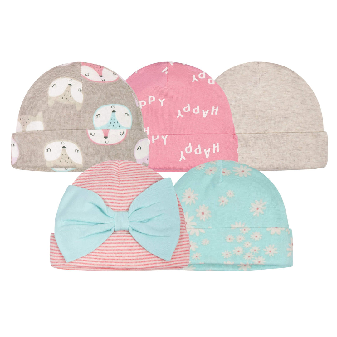 5-Pack Baby Girls Fox Caps-Gerber Childrenswear