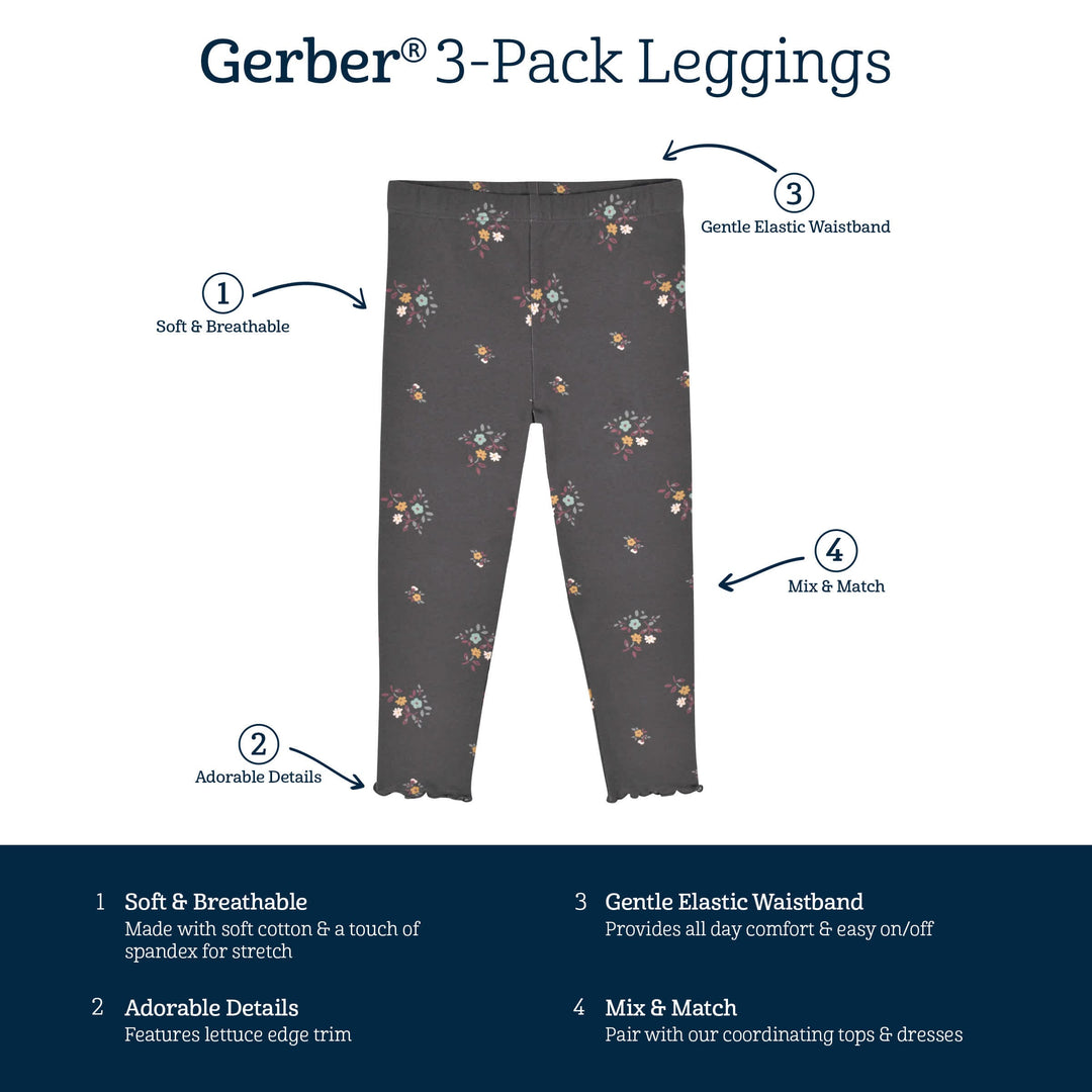 3-Pack Infant & Toddler Girls Mustard & Charcoal Floral Leggings – Gerber  Childrenswear