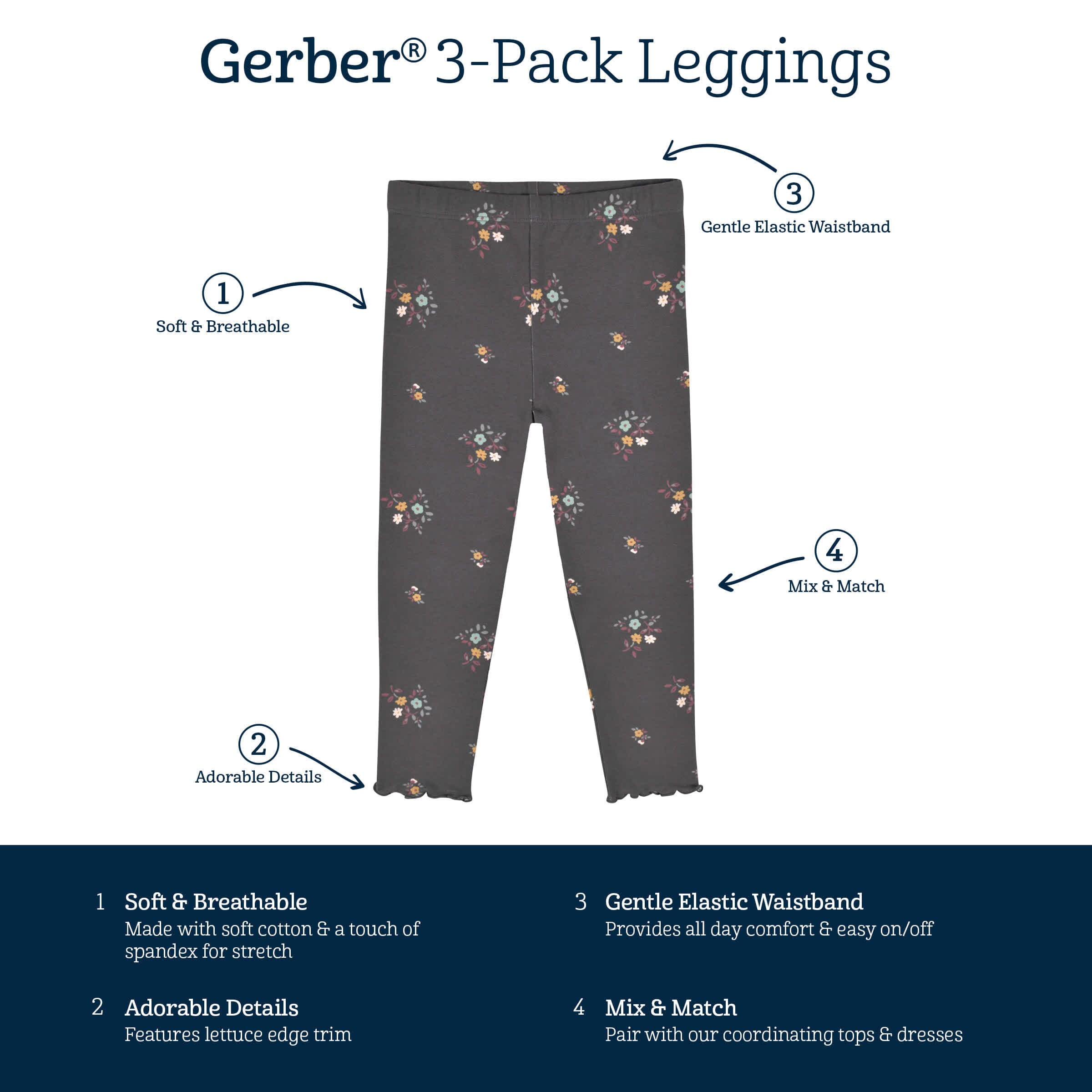 3-Pack Infant & Toddler Girls Mustard & Plum Floral Leggings