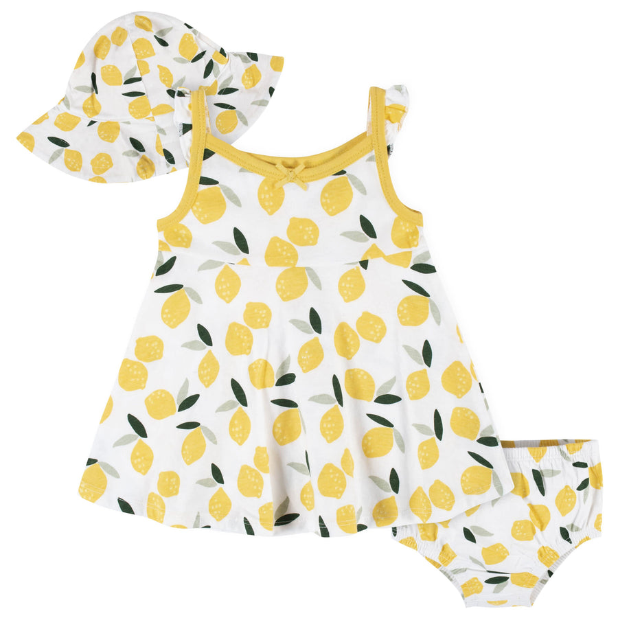 3-Piece Baby & Toddler Girls Lemon Squeeze Dress, Diaper Cover & Sun Hat Set-Gerber Childrenswear