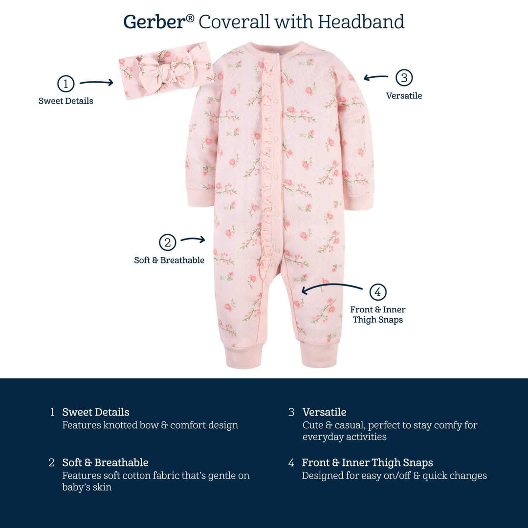 4-Piece Baby Girls Dots & Roses Coveralls & Headbands Set-Gerber Childrenswear