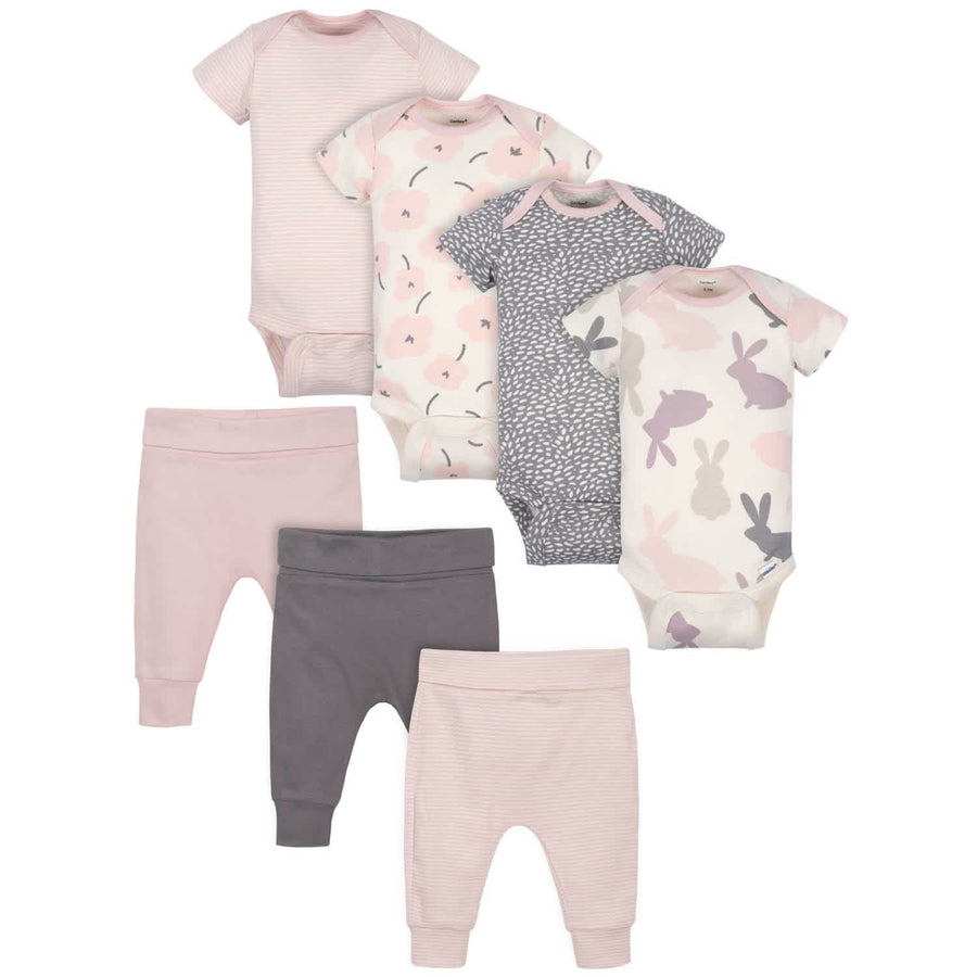 7-Piece Baby Girls Bunny Onesies® Bodysuits and Pants Set