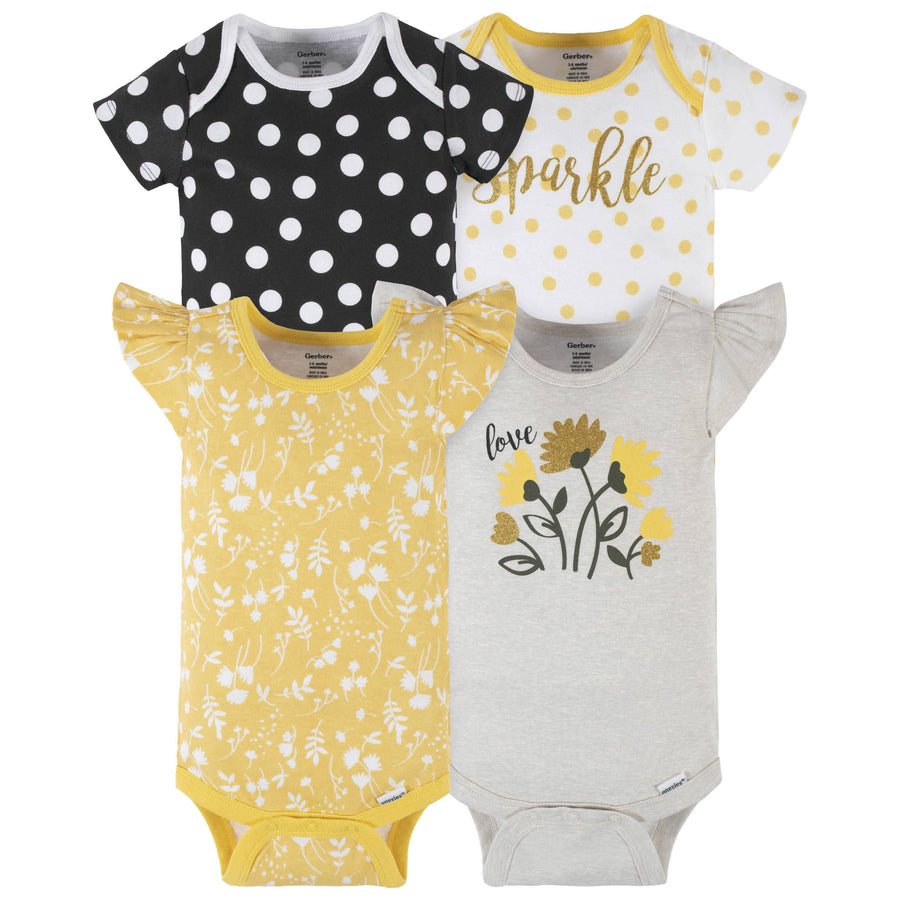 4-Pack Baby Girls Yellow Garden Short Sleeve Onesies® Bodysuits-Gerber Childrenswear