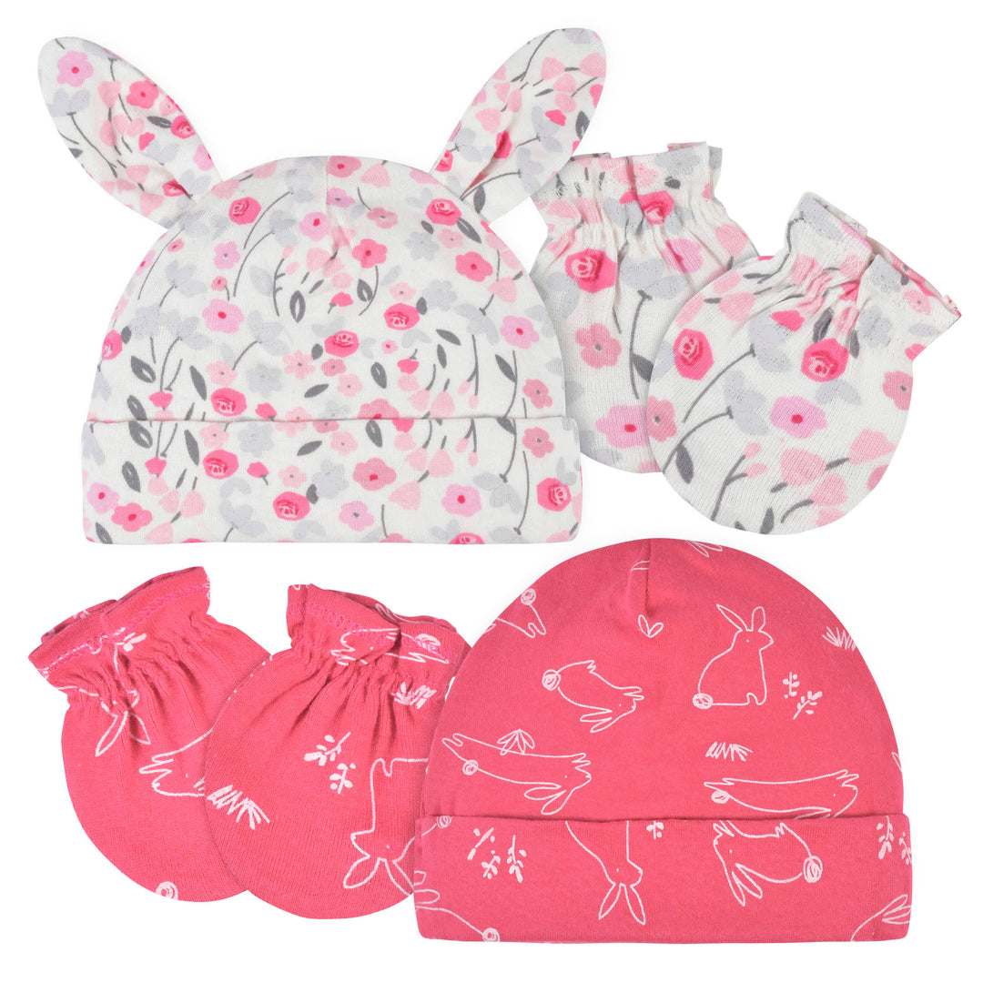 4-Piece Baby Girls Comfy Stretch Roses & Bunnies Caps & No Scratch Mittens Set-Gerber Childrenswear