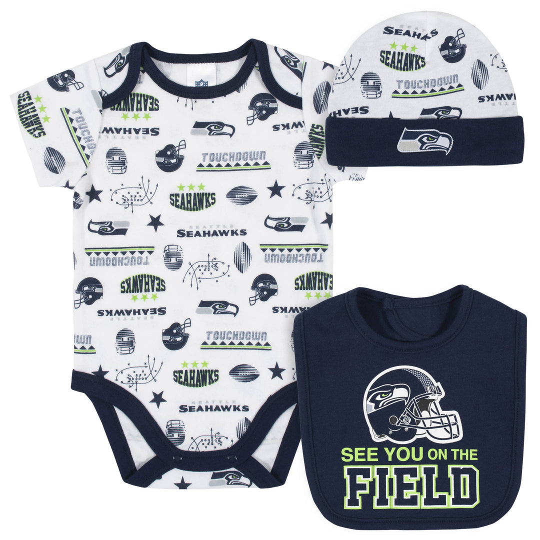 Seattle Seahawks 3-Piece Baby Boys Bodysuit, Bib, and Cap Set-Gerber Childrenswear