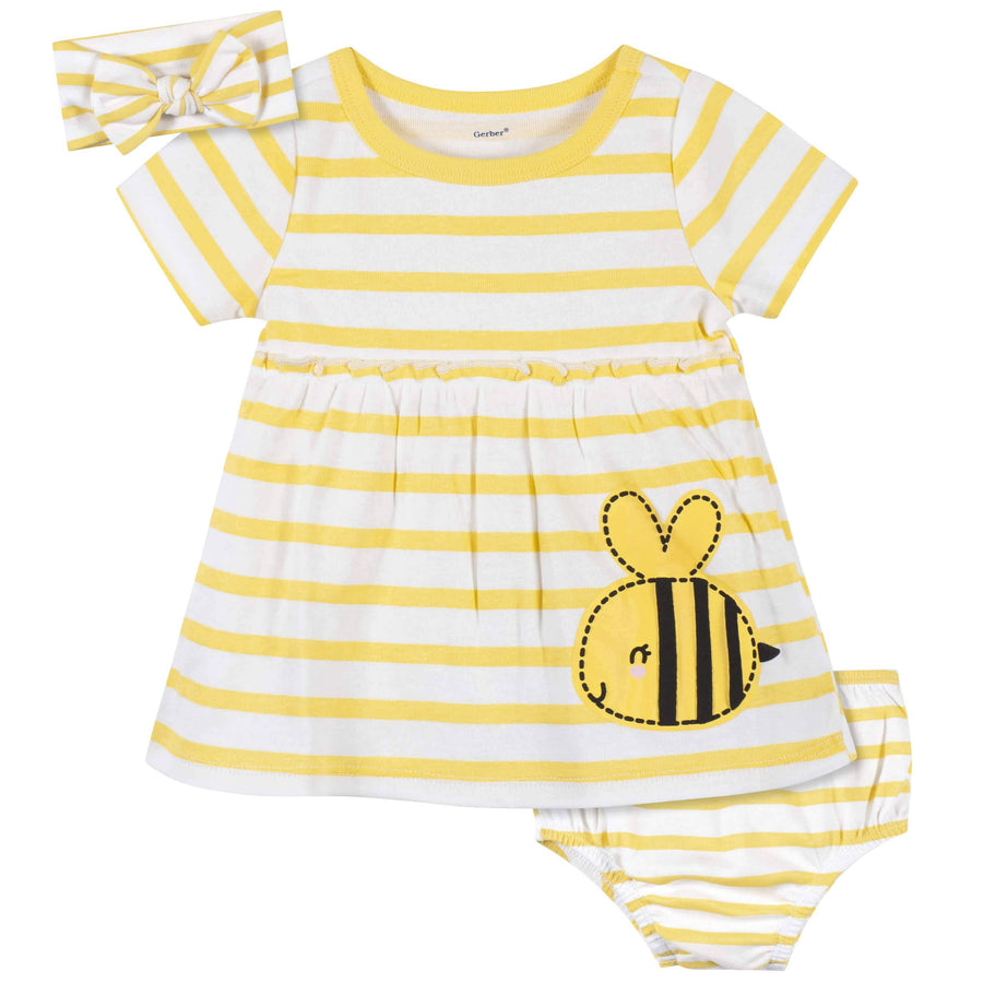 3-Piece Baby & Toddler Girls Bee Garden Dress, Diaper Cover & Headband Set-Gerber Childrenswear