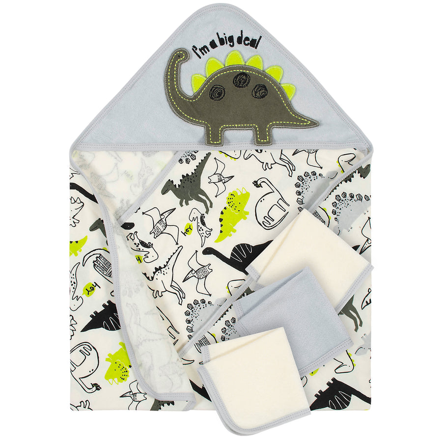 4-Piece Baby Boys Dinosaur Organic Hooded Towel & Washcloths Set