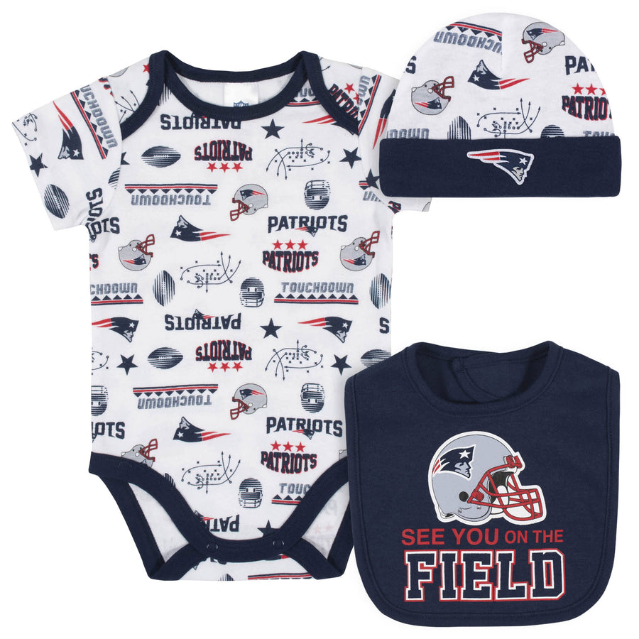 New England Patriots 3-Piece Baby Boys Bodysuit, Bib, and Cap Set-Gerber Childrenswear