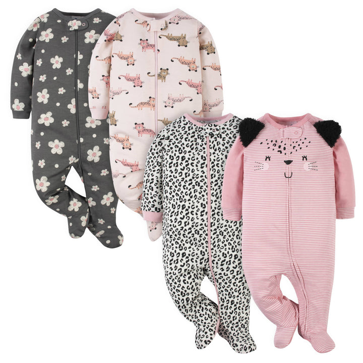 4-Pack Baby Girls Leopard Sleep 'n Plays-Gerber Childrenswear