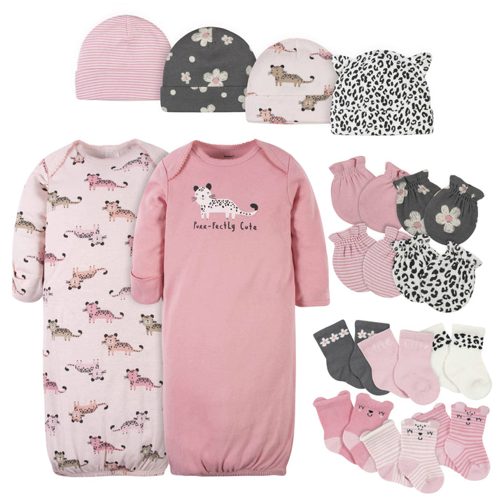 16-Piece Baby Girls Leopard Gown, Mitten, Cap, & Sock Set-Gerber Childrenswear