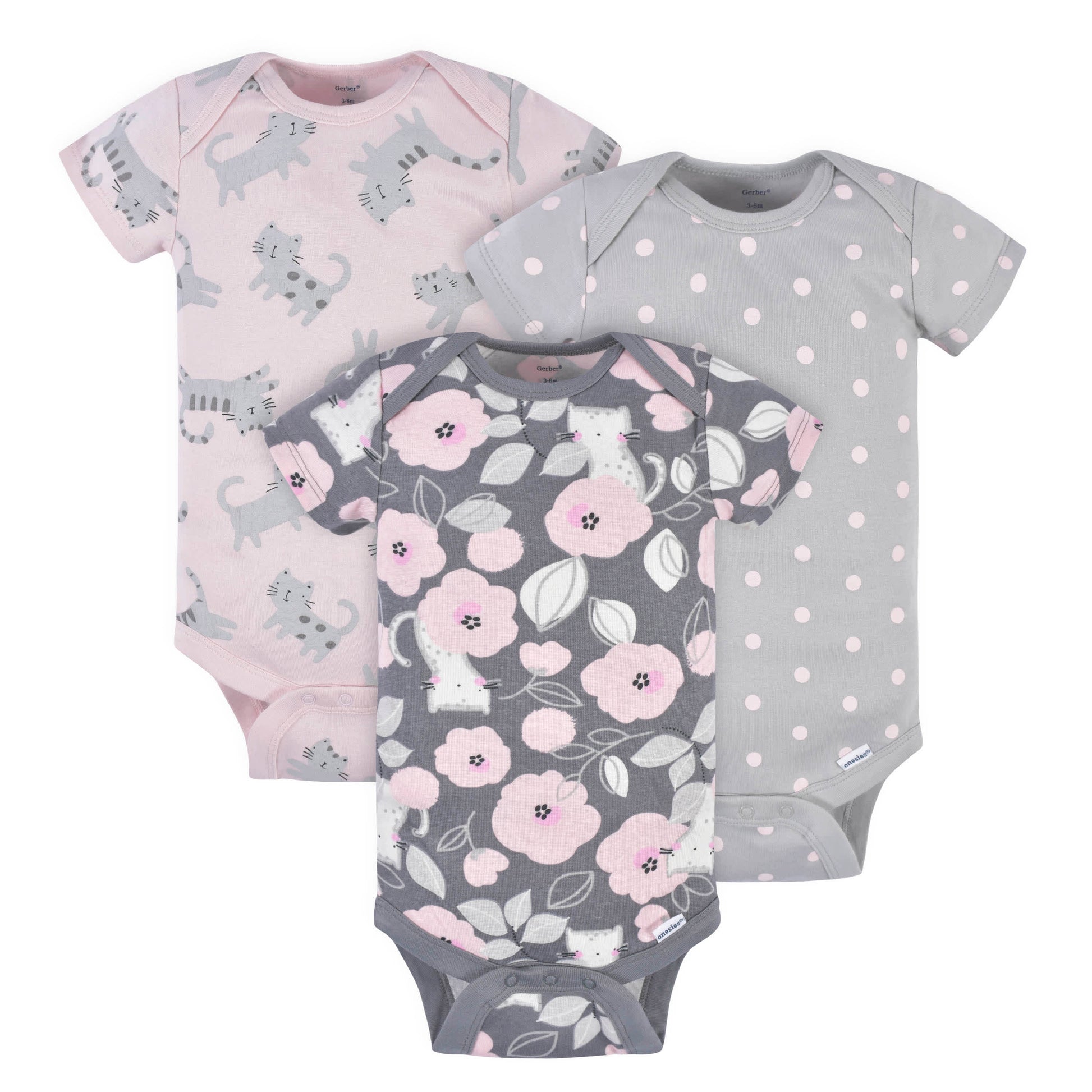 3-Pack Baby Girls Comfy Stretch Floral Leopard Short Sleeve Onesies® Bodysuits-Gerber Childrenswear